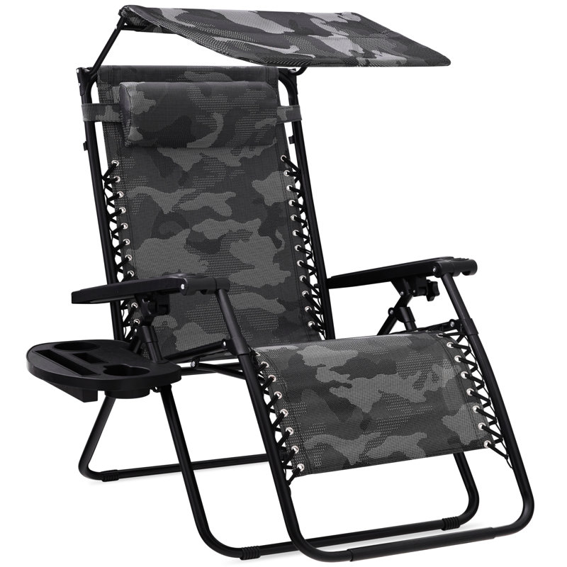 Fauteuil inclinable pliant avec auvent réglable, appui-tête et plateau à accessoires latéral, Camouflage