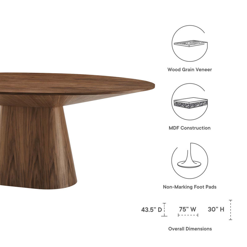 Simplistic Modern 75" Walnut Wood Oval Dining Table