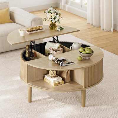 Round Lift Top Coffee Table, 31.5" Modern Coffee Table With 180° Curved Sliding Door, Hidden Storage And Open Shelves