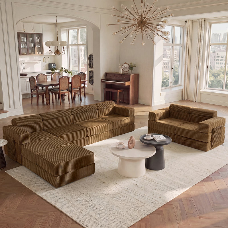 Sisler 8 Piece  141.6" Oversized  U Shape Upholstered  Corduroy Convertible Modular Compression Sofa with Storage Pockets, No Assembly Required