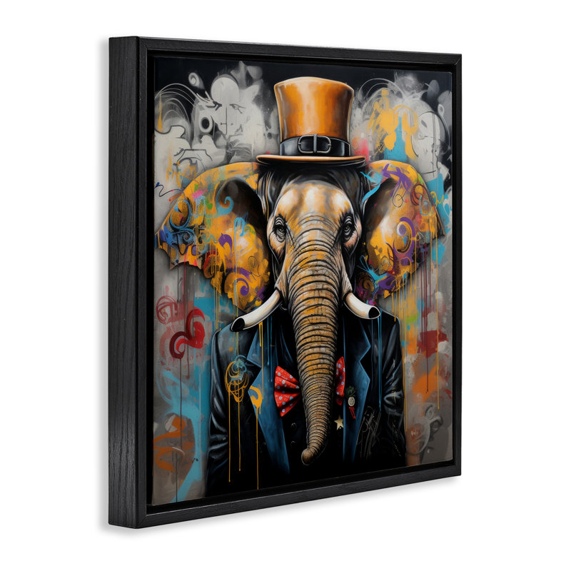 "Urban Graffiti Elephant Grey", art mural sur toile flottante par Lazar Studio, Cadre flottant noir de jais