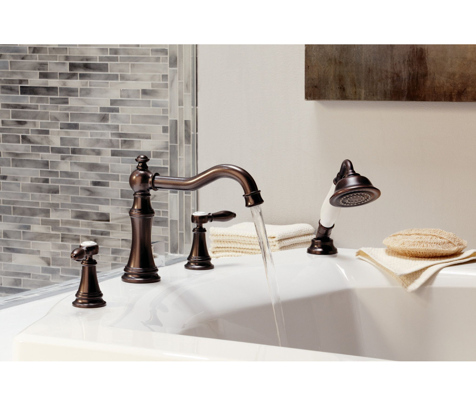 Weymouth Deck Roman Tub Faucet with Handshower, Polished Nickel