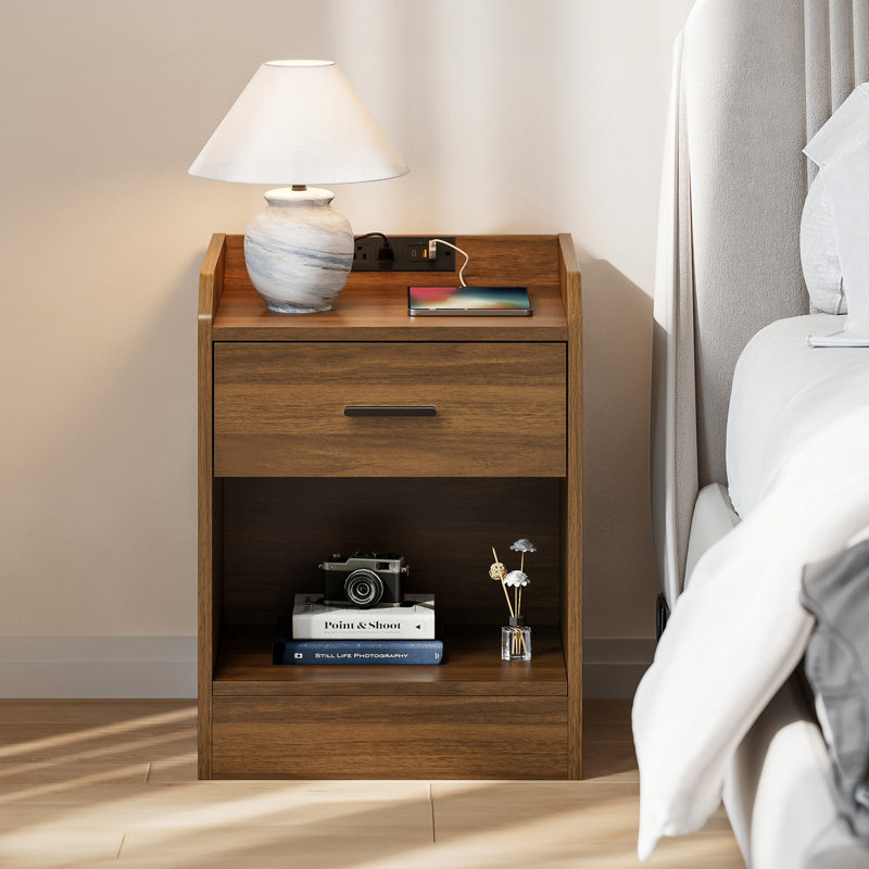 Nightstand Hidden Drawer with Hidden Compartment, Charging Station and AC Outlets USB Ports, Brown