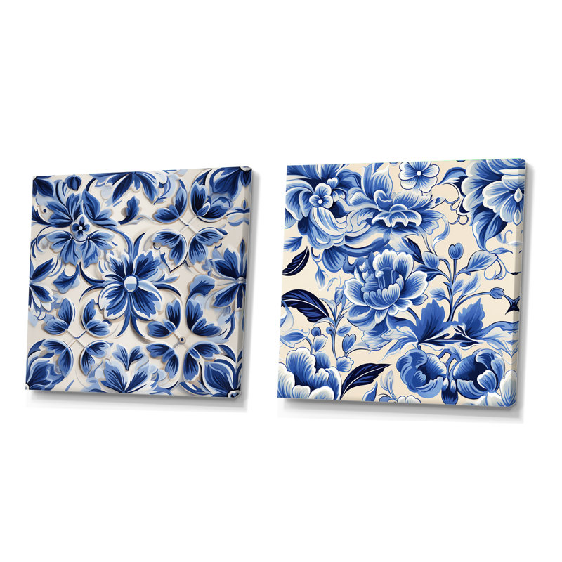 Ensemble de 2 victoriennes en cobalt à motif victorien, Toile tendue, H 16 po x l 33 po