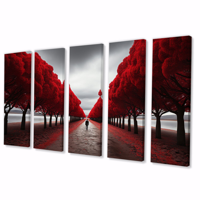 " Red And Grey Tree Solitude II " 5 - Pieces