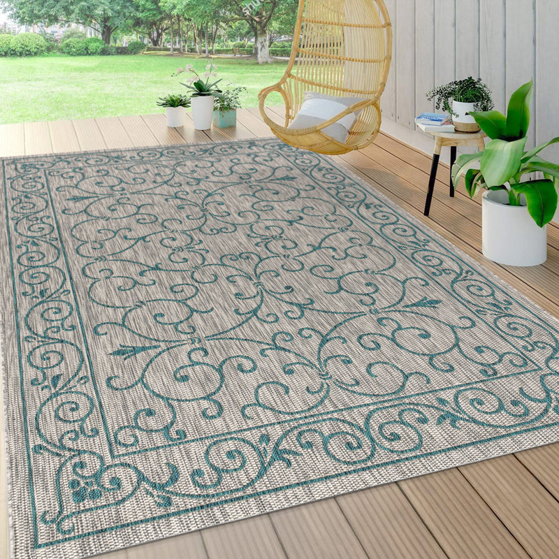 Hagerman Vintage Filigree Textured Weave Gray/Teal Indoor/Outdoor Rug, Rectangle 3'11" x 6'