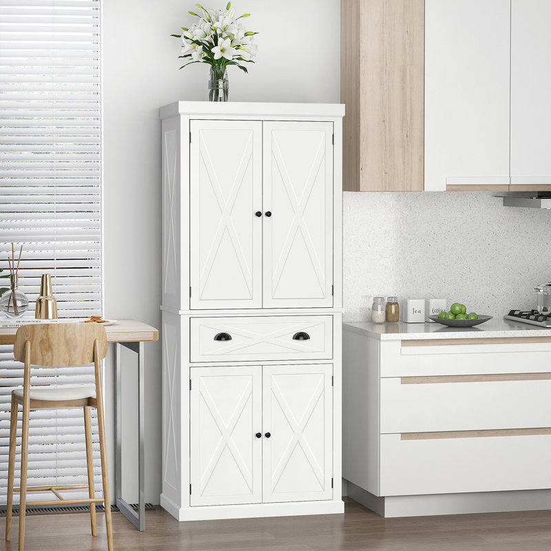 White Freestanding 4-Door Kitchen Pantry Cabinet with Drawer
