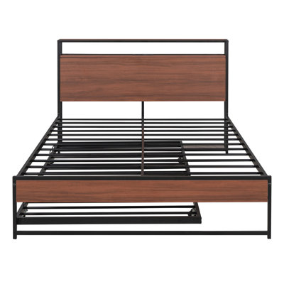 Metal Platform Bed Frame With Trundle, Usb Ports And Slat Support