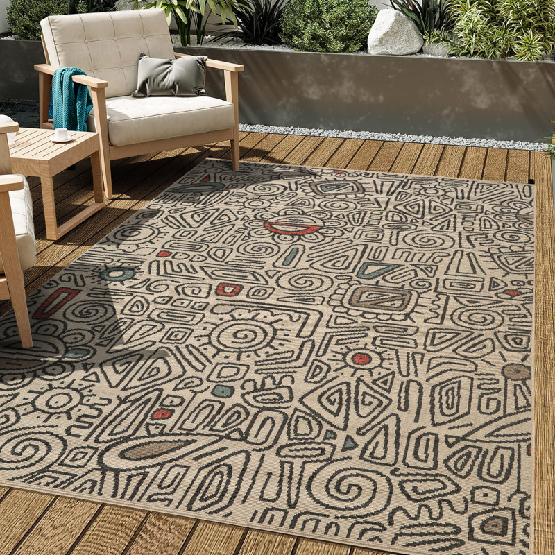 Tapis d'intérieur / extérieur à motif abstrait éclectique Tribu, Rectangle 8 pi x 9 pi 9 po