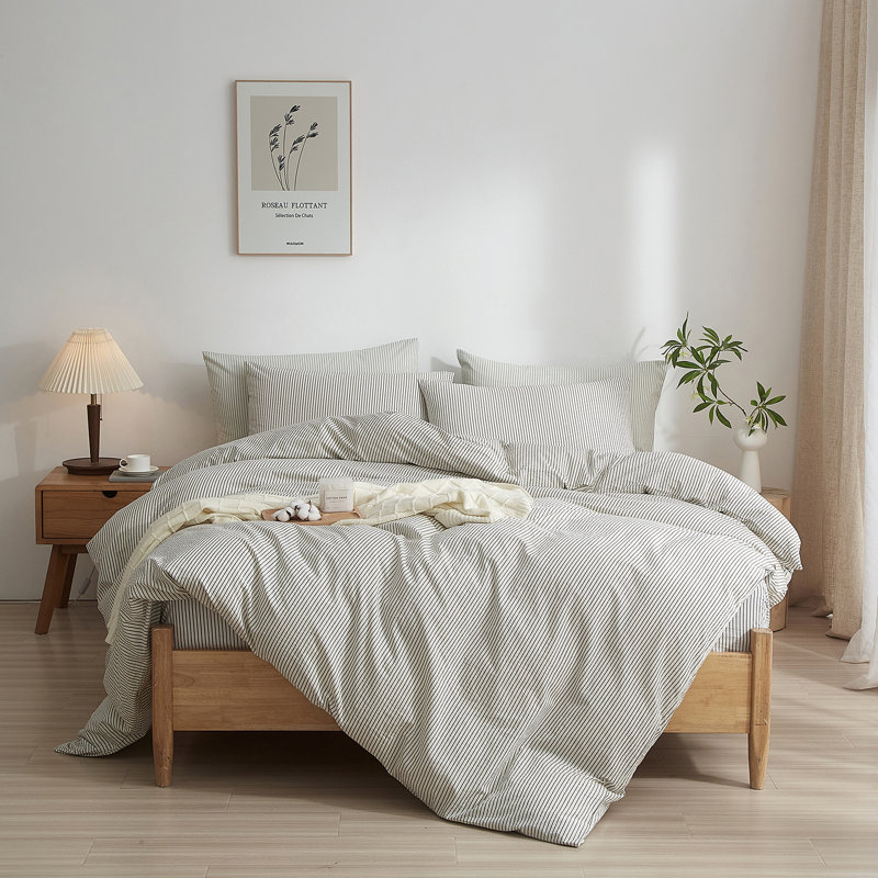 LIFETOWN Striped Duvet Cover Set,3 Pcs Breathable Durable 100% Washed Cotton Comforter Cover for All Seasons, Chic Linen Like Textured Bedding Set.