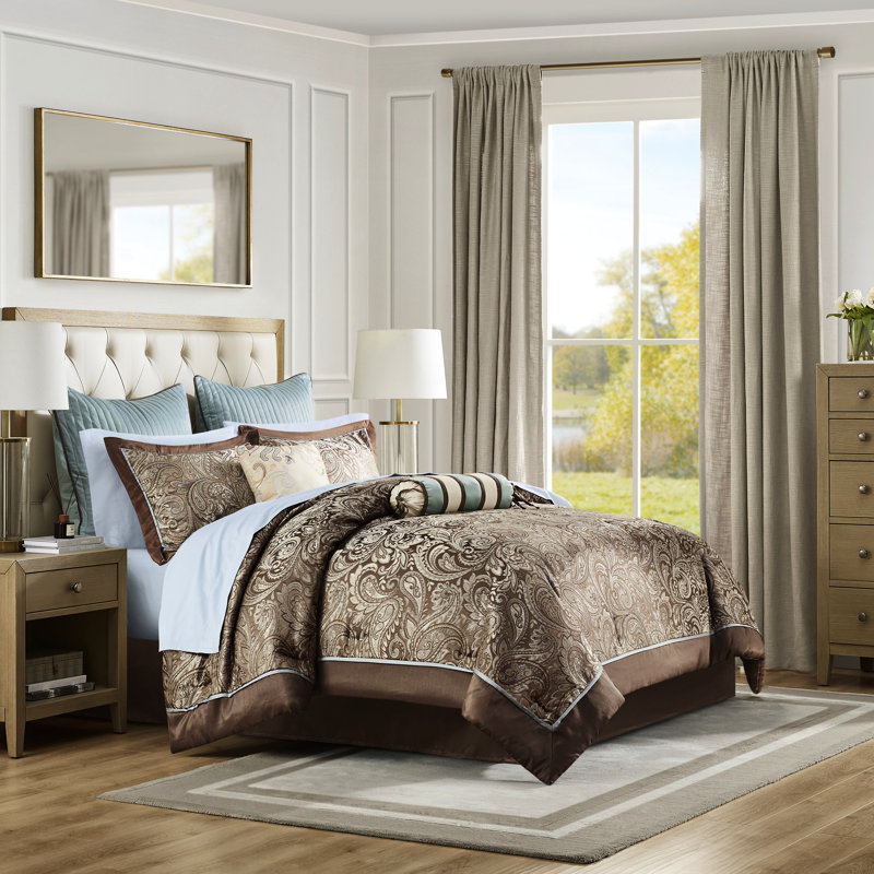 Édredon pour très grand lit 12 pièces - bleu / brun avec draps en coton à densité de tissage 200 fils et superbe motif cachemire pour lit