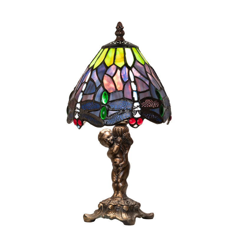13" High Tiffany Hanginghead Dragonfly Cherub Accent Lamp