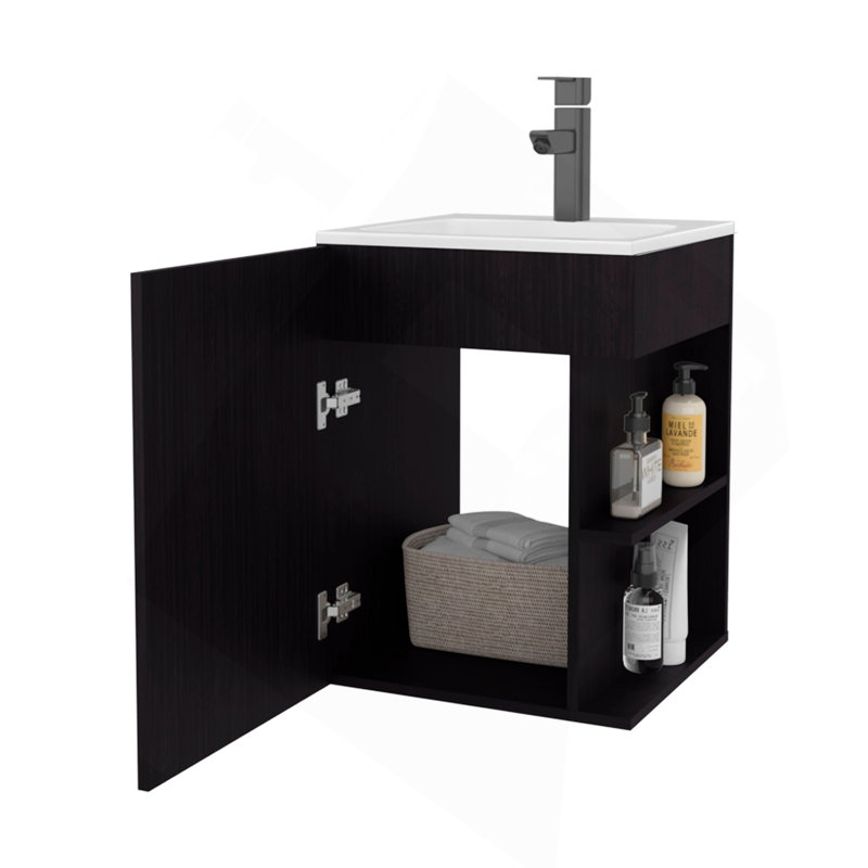 Siena Compact Vanity Cabinet, Single Door, Two Open Side Shelves, Space-Saving Design, Melamine,Bathroom Storage Unit, Wenge
