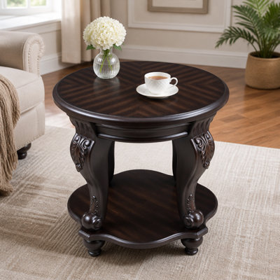 22'' Retro Round End Table,Solid Wood Sofa Side Table with Shelf,Living Room Corner Table Easy Assemble,Cherry