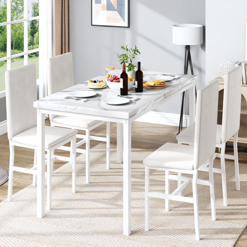 Ensemble repas pour 4 personnes Jepsen, Marbre blanc, Blanc