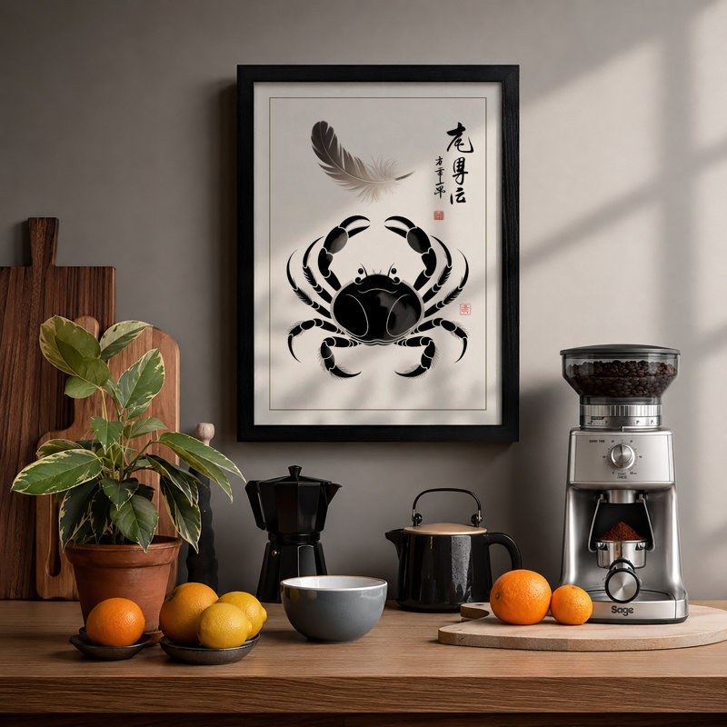Crab and Feather Japandi - Framed Print, A2 - 59.4 x 42.0 cm, Black