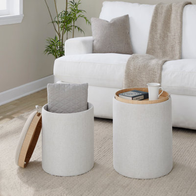 Nesting Ottoman Set, Fabric/Natural Wood - Cream