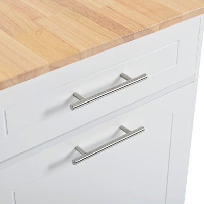 Kitchen Island Cart With Trash Can Holder, Power Outlet, 3 Drawers, Open Side , White Look Internal Storage, 10 Compatibility, 5 Mobility