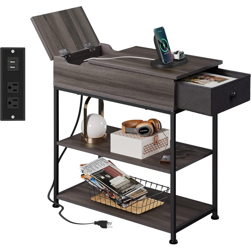 Narrow Side Table With Charging Station, End Table, Couch Table With Fabric Drawer For  For Living Room, Bedroon, Grey