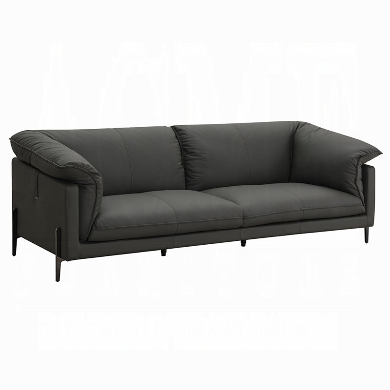 Canapé rembourré en cuir noir avec pieds en métal, H 33 po x l 97 po x P 41 po