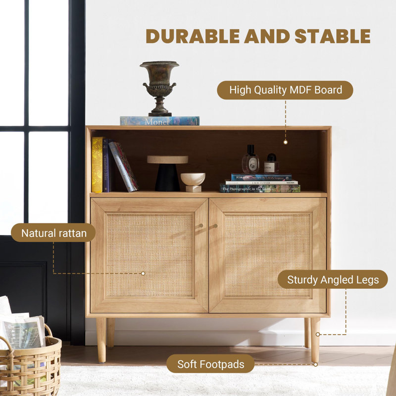 Rattan Storage Cabinet Boho Sideboard Buffet Cabinet with Natural Rattan Doors