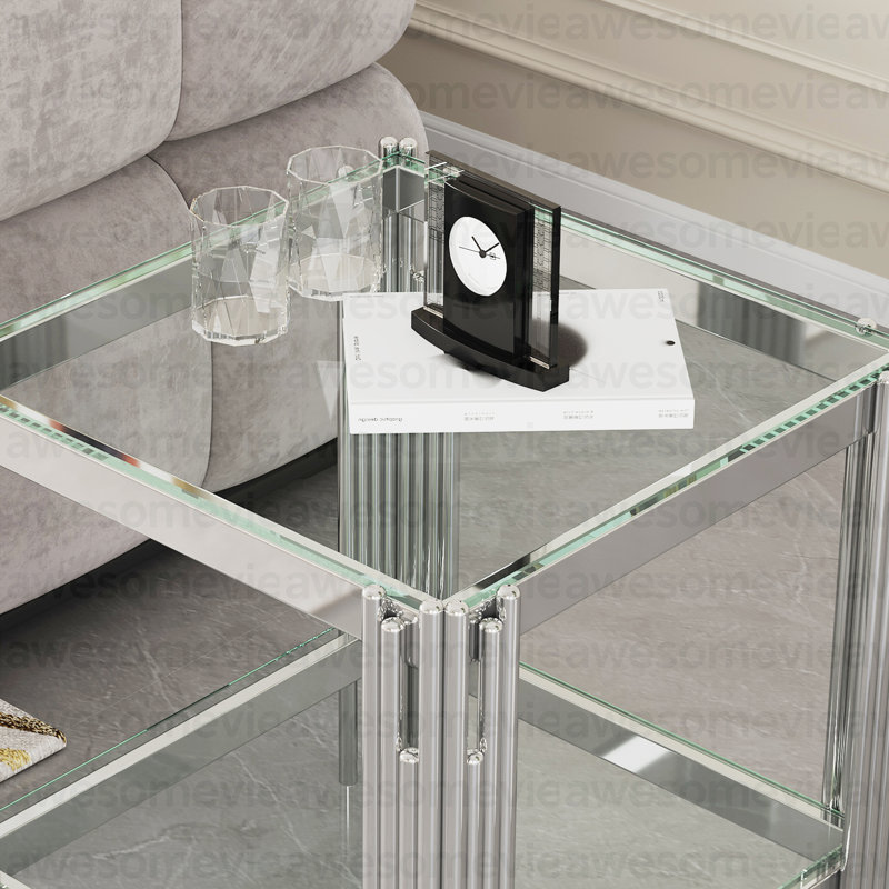 Table de bout moderne en verre trempé avec structure en acier inoxydable argenté