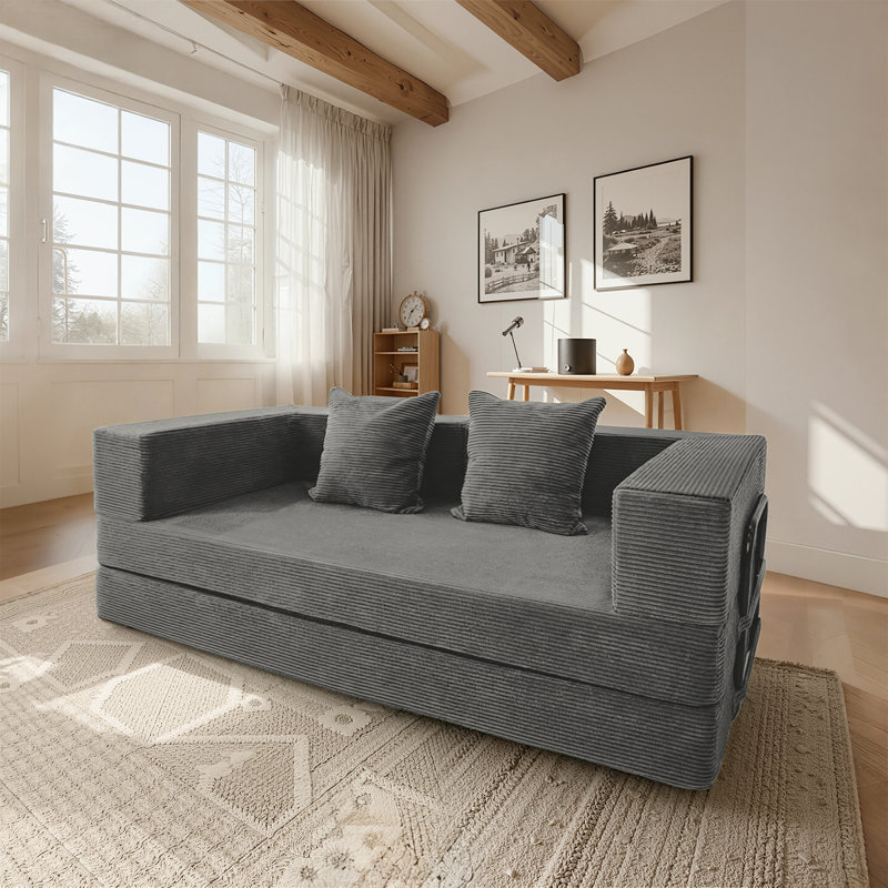82" Convertible Sofa Bed, Compression Foam Couch with 4 Fixed Shelves & 2 Storage Bags, Modular Pull-Out Couch with High-Resilience Foam, Corduroy Folding Sofa Bed for Living Room, Bedroom，Gray