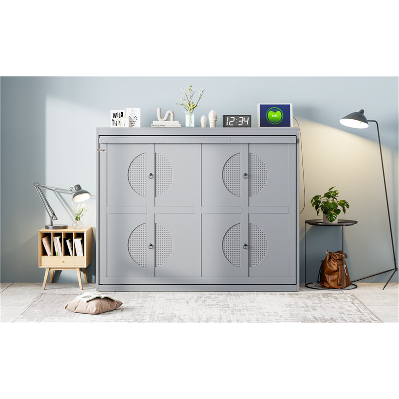Grand lit mural gris - Meuble peu encombrant pour petits appartements, lattes absorbantes convenables, support de matelas confortable, mécanisme à double piston