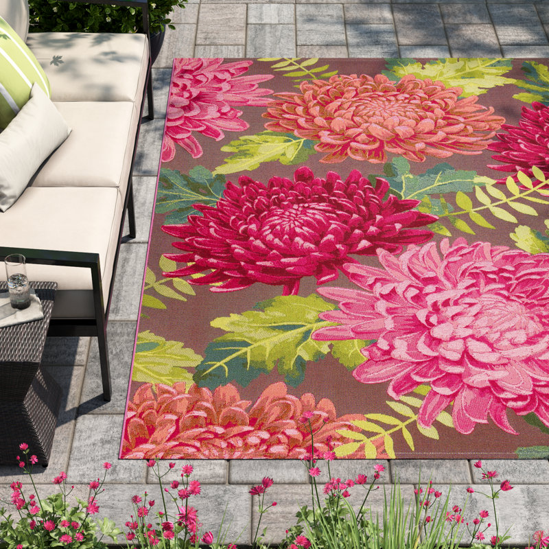 Tapis intérieur / extérieur rose / vert / prune Akera, Rectangle 8 pi 10 po x 11 pi 9 po