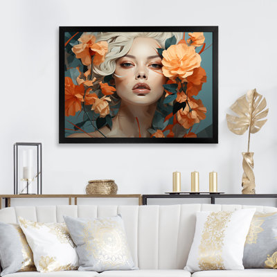 Femme sensuelle avec des fleurs vertes et oranges - art mural mode