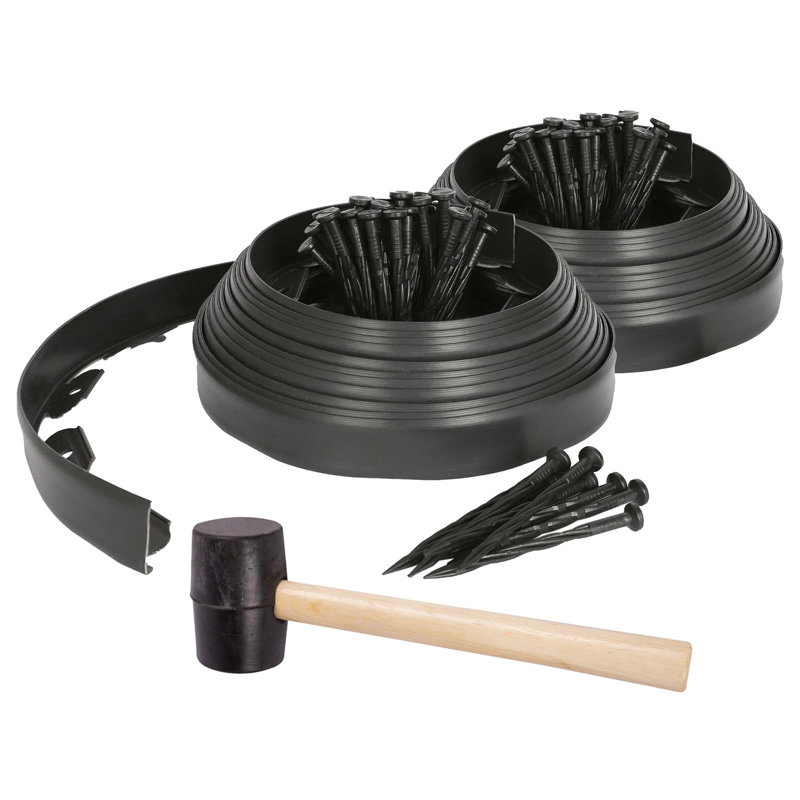 Harbour Housewares Garden Edging Kit 20m x 4cm Plastic Border with 80 Pegs & Rubber Mallet, Black