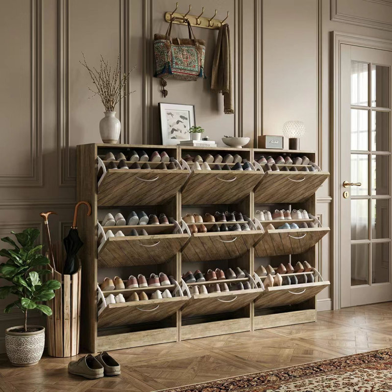 36 Pair Shoe Storage Cabinet With Adjustable Shelves, Natural Wood