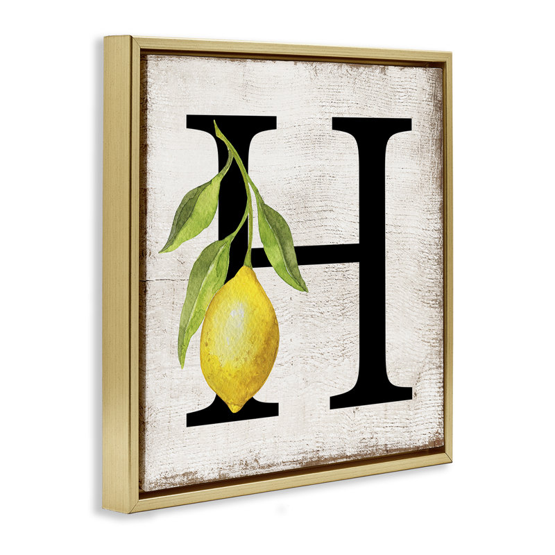  «H with Lemon», art mural encadré sur toile flottante par Creatif Belle, H 18 po x l 18 po, Cadre flottant métallique doré