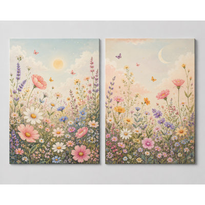 Très grand ensemble de 2 pastel fleurs sauvages prairies, impression sur toile à motif floral doux pour chambre à coucher, chambre de bébé, chambre de bébé, impression sur toile 24 x 36 pouces - prête à être accrochée