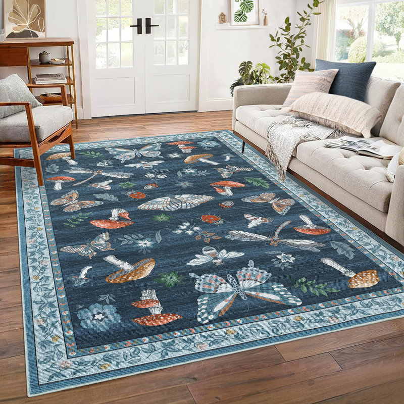 Floral Machine Washable Rug with Non-Slip Backing, Soft Thin Low Pile Non Shedding Floor Carpet, Indoor Foldable Printed Accent Mat for Living Room/Nursery/Bedroom