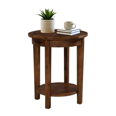Inola Wide Rustic Industrial Antique Wooden Round End Table With 1 Open Shelf