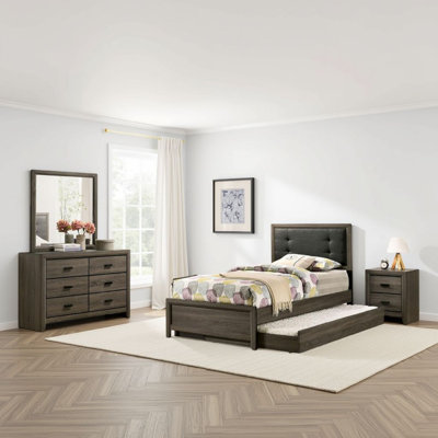 Meli 4Pc Bedroom Set, Upholstered, Dresser, Gray Solid Wood by Benjara