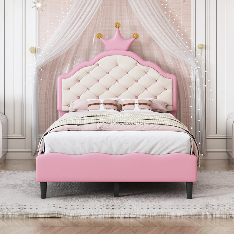 Lit princesse en cuir PU avec tête de lit fantaisie, tête de lit capitonnée, rose, Lit simple