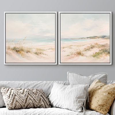 Soft Beach Landscape With Ocean Waves And Airy Coastal Mood Framed Canvas Master Bedroom Wall Art Work 2 Pieces Print Set