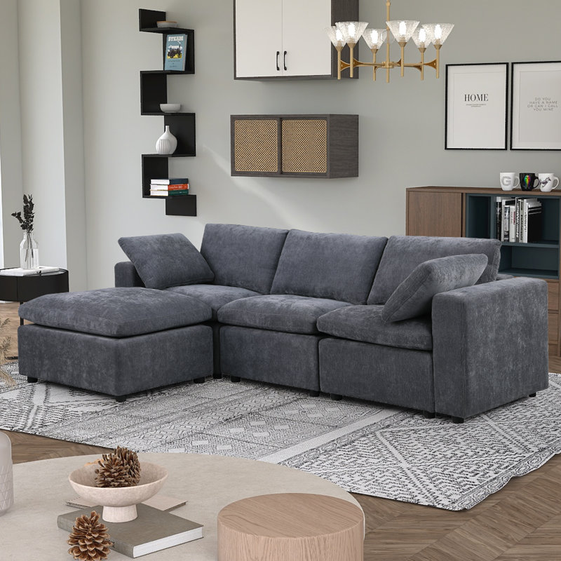 Upholstered 96 " Chenille L-Shaped Sectional with Ottoman, Gray Chenille