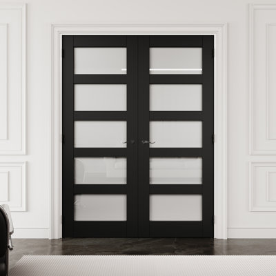 64" x 80" 5-Lite Black Frosted Glass Interior French Door with Black Hardware & Latch & Door Lever, Privacy Glass Door Slab, Sound-Dampening & Waterproof, Suit for Laundry, Closet Doors, Room Doors, Assembly Required