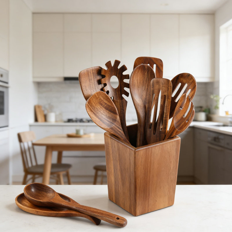 Ensemble d'ustensiles en bois d'acacia 11 pièces avec support - cuillères en bois naturel et ustensiles de cuisine pour une batterie de cuisine antiadhésive, une cuisson sécuritaire et un nettoyage facile