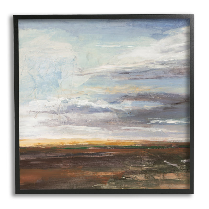 Paysage de prairie ouverte, ciel nuageux doux - Peinture, H 12 po x l 12 po x P 1,5 po, Giclée encadrée noir minuit