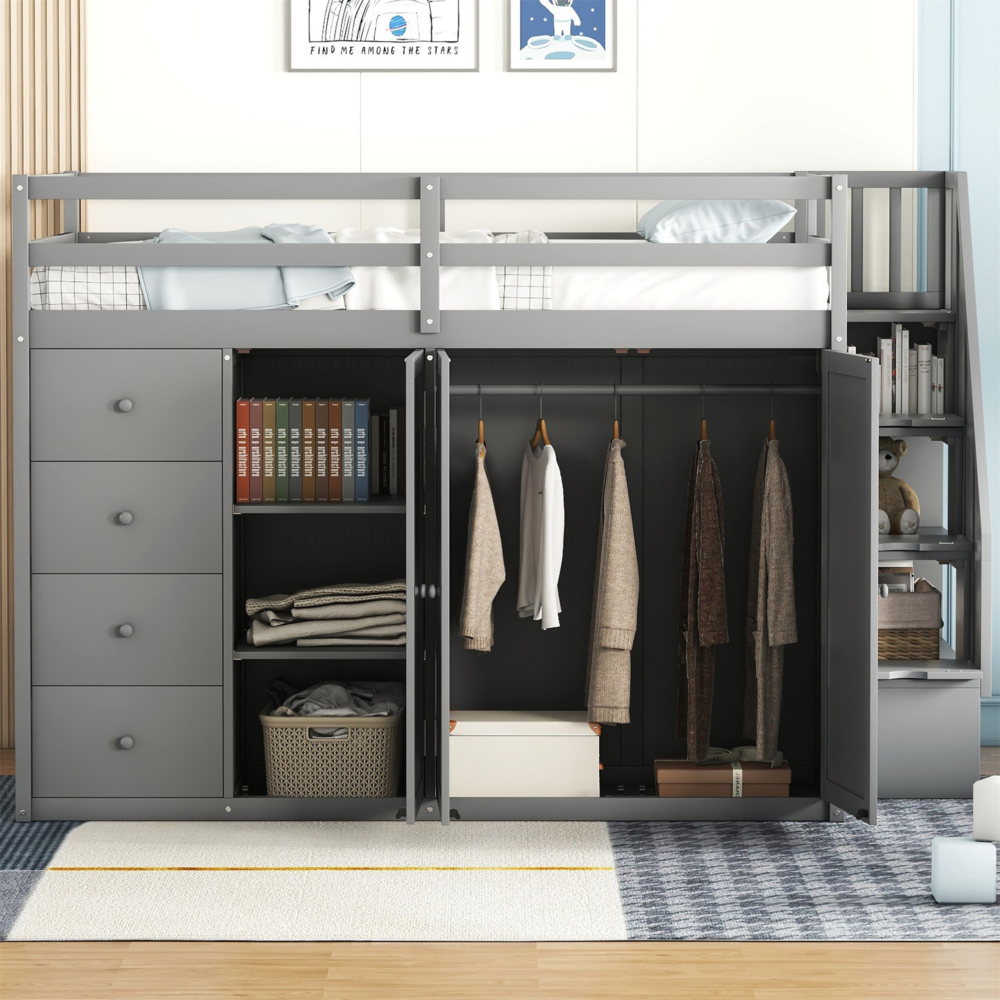 Hokku Designs Ranvir Platform Bed,Loft Bed With Builtin Wardrobes