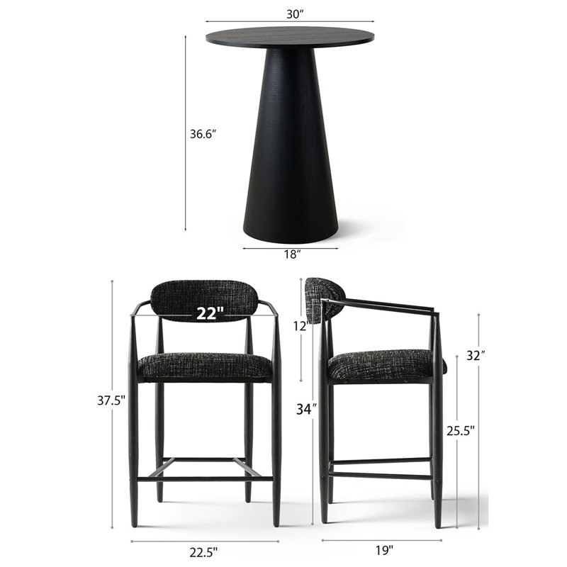 3 - Piece 30" Round Counter Height Dining Set With Upholstered Bar Stools, Black