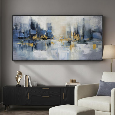 Très grand art mural moderne abstrait bleu encadré pour le salon, 60 x 30, moderne, contemporain, paysage urbain, horizontal, œuvre d'art sur toile, décor de chambre à coucher, bureau, décor de couloir, prêt à accrocher, cadre en bois