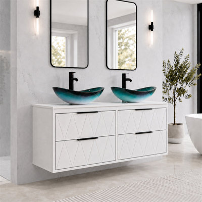 48" Wall Mounted Floating Double Bathroom Vanity with Artistic Vessel Sinks, Hand-Painted, 4 Soft-Close Drawers