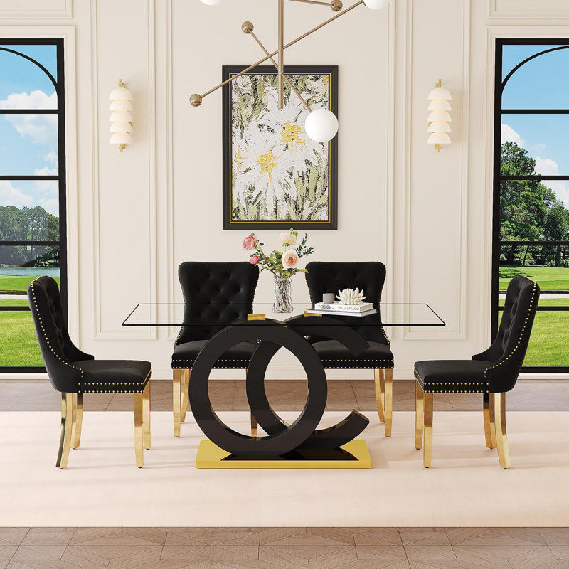 Table de salle à manger moderne en verre trempé avec chaises, sièges rembourrés en velours, 5 Pieces: Table, 4 Chairs, Noir