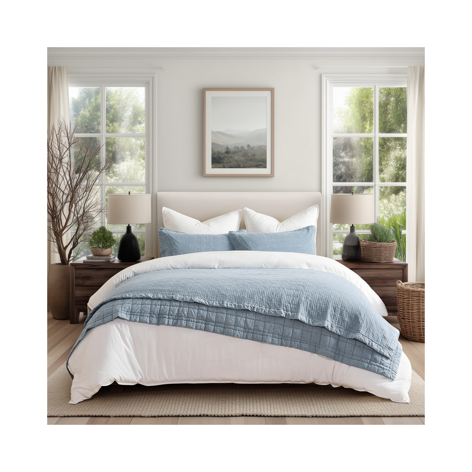 Stonewashed Crinkle Cotton Box Stitch Quilt Set, Blue Linen, Queen Quilt + 2 Queen Shams