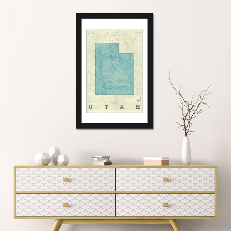 «Utah Map», impression sur toile, H 24 po x l 16 po x P 1 po, Papier beaux-arts encadré noir, Blanc